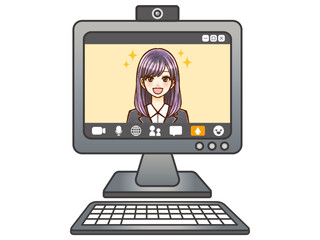 パソコンでWEB会議する大人女性OLのイラスト素材