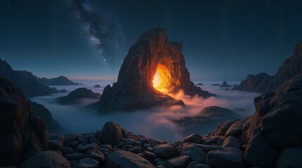 Fototapeta premium Mystical Rock Arch with Glowing Light and Milky Way