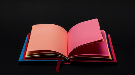 A colorful notebook open to a blank page on a solid black background