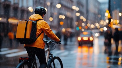 Cyclist Delivering Package in Rainy Urban Setting