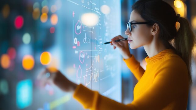 Thoughtful businesswoman analyzing complex mathematical equations on a transparent screen in a modern research lab environment.