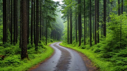 Obraz premium Winding Road Through Lush Green Forest