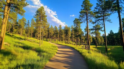 Winding Bicycle Path Through Green Forest