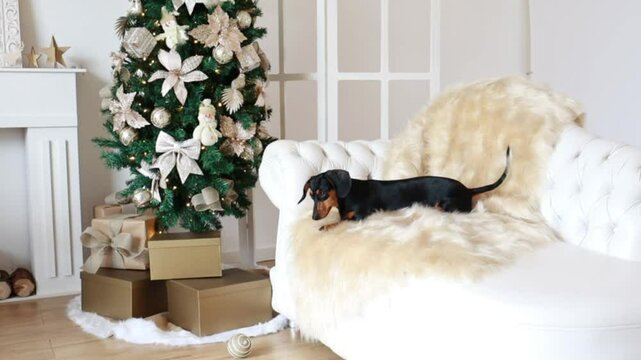 cachorro fofo duchshund em decora&ccedil;&atilde;o de natal 
