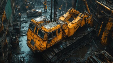 A yellow construction vehicle is parked in a junkyard.