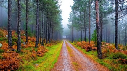 Obraz premium Foggy Forest Pathway Amidst Tall Trees