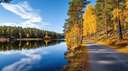 Obraz premium Serene Road Through Pine Forest in Autumn