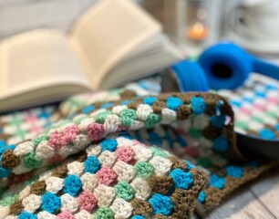 Cozy autumn or winter photo with crochet blanket, flashlight and blue headphones	
