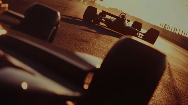 classic Formula 1 cars from the 2020s racing around the tight, trace of Silverstone England. . Sunlight glints off the sleek, polished car bodies as they navigate sharp corners and hairpin turns.