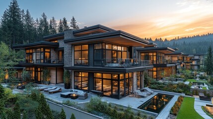 Obraz premium A modern, luxurious home with a pool and patio, set against a backdrop of lush green forest and a vibrant sunset sky.