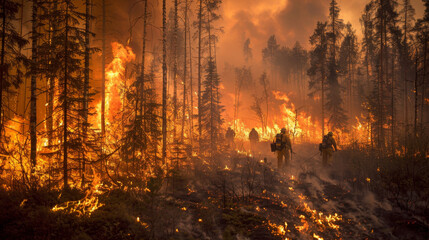 Firefighters working in a burning forest.
