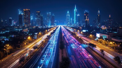 Obraz premium A long exposure shot of a highway leading towards a vibrant city skyline at night. The blurred streaks of car headlights create a sense of movement and energy.