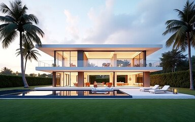 a beautiful glossy Modern Two-Story House with Pool and Lush Surroundings