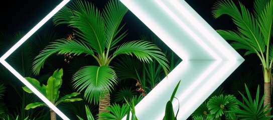 Tropical plants bathed in white fluorescent light within a diamond-shaped neon frame