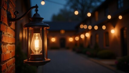 Romantic lantern illuminating brick courtyard at night