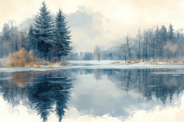 Fototapeta premium A serene winter landscape with a frozen lake reflecting a cloudy sky and a snowy shoreline.