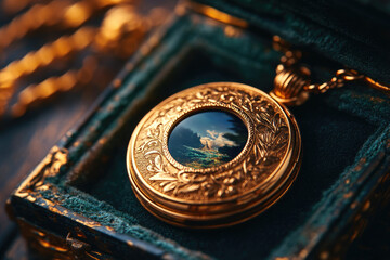 An ornate gold locket with intricate detailing, featuring a scenic painting inside, displayed on rich velvet.
