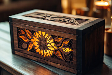 Beautiful handcrafted wooden jewelry box with intricate sunflower design and ambient lighting.