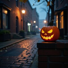 Fototapeta premium Glowing jack-o-lantern on foggy leafy urban street