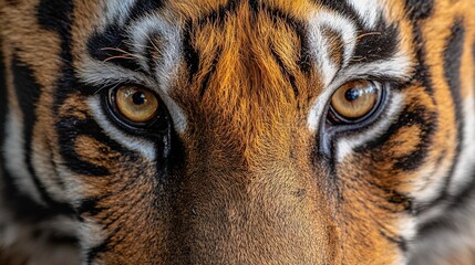   A close-up of a tiger's face, featuring distinctive brown and black stripes around its eyes