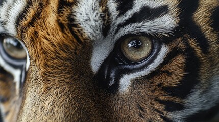   A close-up of a tiger's face with stripes on its face and eyes