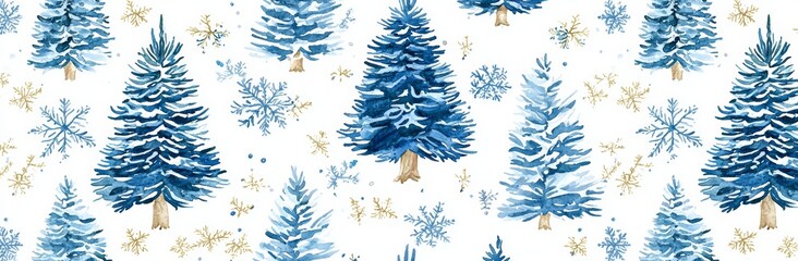 This seamless pattern features a fog-filled spruce forest. The trees are isolated on white.