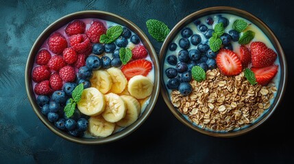 Two bowls of yogurt parfait with fresh fruit, granola and mint.