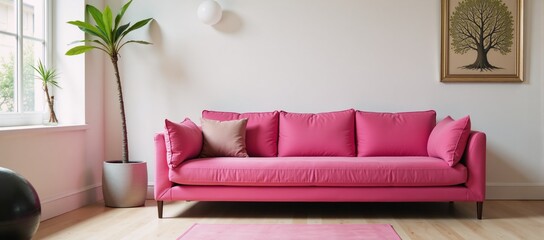 Cozy living room with pink couch  fitness ball perfect space for yogameditation