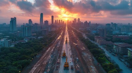 An aerial view of a city skyline with construction happening on a road leading toward the sunrise.