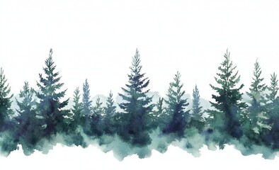 Fototapeta premium Illustration of a coniferous forest, illustrated in watercolor, spruce. Winter, outdoor, snowy rural background design, conifer, snow. Mysterious fir or pine trees for winter Christmas design.