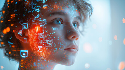Futuristic vision: child with digital facial overlay and holographic elements