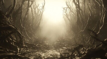 Fototapeta premium Eerie Hellscape: Abyss of Despair with Flickering Lights and Shadowy Figures | Ultra-Detailed, Cinematic Lightning