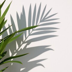 Obraz premium Realistic palm leave shadow overlay isolates tropical plants blurred shadows on white wall ideal for photomock-up enhancement with white black color palette