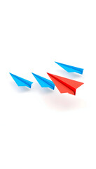 Red paper plane leading blue paper planes on white background, leadership concept. 3D Rendering isolated with white highlights, png