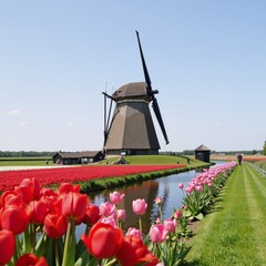 A picturesque Dutch windmill surrounded by tulip fields and river landscape in the setting of Zaanse Schans