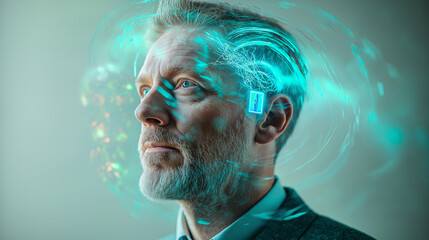 Futuristic man with digital brain interface and holographic data visualization