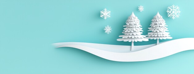 Design concept illustration of winter abstract background, with snow icon, pine, spruce, fir tree art paper cut origami with pastel blue sky. Copy space text area. 3D rendering.