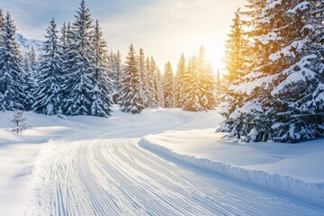A cold winter day landscape with snowy trees. A picture from Sotkamo, Finland. Heavy snow covers the ground.