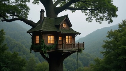 Treehouse-style dwelling with glowing windows amidst a lush foggy forest