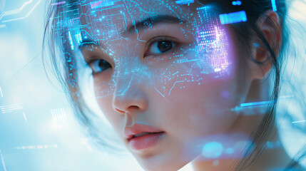 Futuristic ai interface overlay on human face with digital circuit patterns