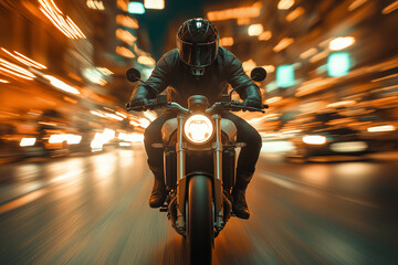 A fast getWriter on his motorbike, motion blur effect, blurred city lights in background, fast and energetic mood. Photo illustration.