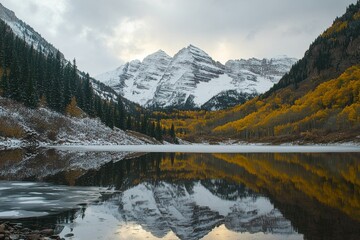 Fototapeta premium A sunrise shot of Maroon Bells in Aspen, Colorado rocky mountains and autumn yellow foliage in close-up and frozen lake in winter with snow