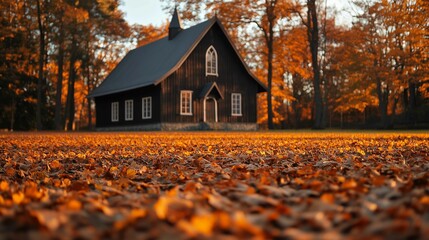 Leaves ground front church fall barn background golden hour scene voice religion summer forgiveness black roof
