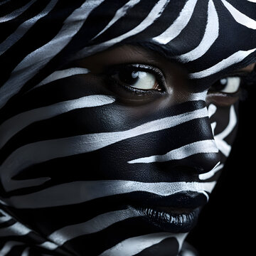 Close up portrait of a beautiful African American woman covered with black and white paint over her face in zebra pattern. Body art. 