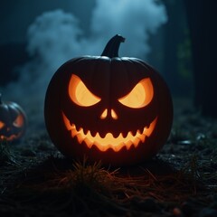 Jack-o-lantern shines eerily on a foggy Halloween evening