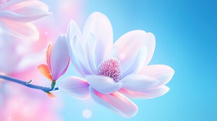 Fototapeta premium a pink bloom on a limb against a blue sky backdrop