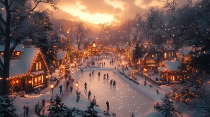 A snowy village at sunset with an ice skating rink in the center. People are ice skating and walking around the village. The houses are decorated with lights and there are trees in the background.
