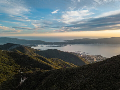 Bird's eye view of the Bay of Boko Kotor towards the Lustica Peninsula, Flower Island and St. Mark's Island.