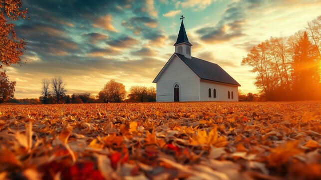 Leaves ground front church fall barn background golden hour scene voice religion summer forgiveness black roof
