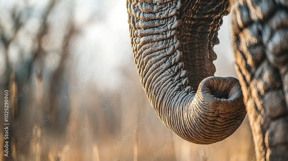 Wall mural   Close-up of elephant trunk and tusks amidst dry grass and trees